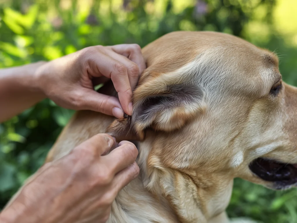 Eine Person kontrolliert das Ohr eines hellbraunen Labradors im Freien und entfernt eine festgebissene Zecke aus dem Fell hinter dem Ohr. Die Szene ist in natürlichem Licht aufgenommen, der Hund sitzt ruhig im Grünen.